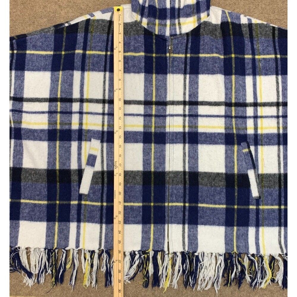 Quiksilver Poncho Womens Wool Hooded Zip-Up Ponchito Blue Plaid Fringe - Picture 3 of 7